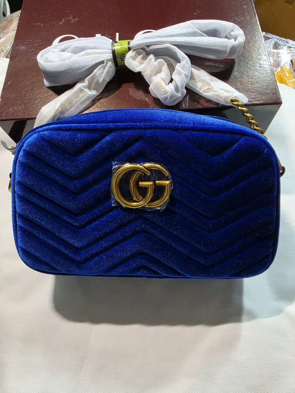 Royal Blue Velvet Chevron Crossbody with Gold Hardware